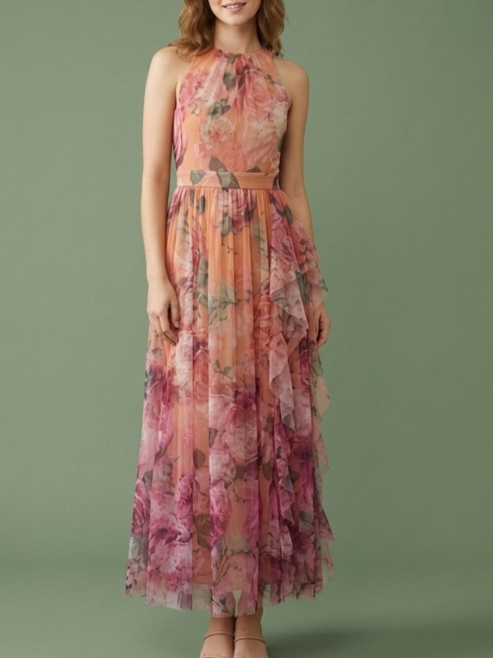 Candalite Watercolor Floral Mesh Halter Tiered Ruffle Maxi Dress Peach Pink Size